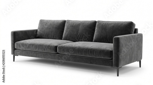 Modern charcoal gray velvet three-seater sofa, contemporary upholstered couch with sleek design, comfortable living room furniture for interior design projects, elegant home decor element.
