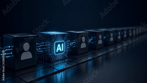 Glowing AI Cube Standing Out in a Row of Human Icons Artificial Intelligence Replacing Workforce