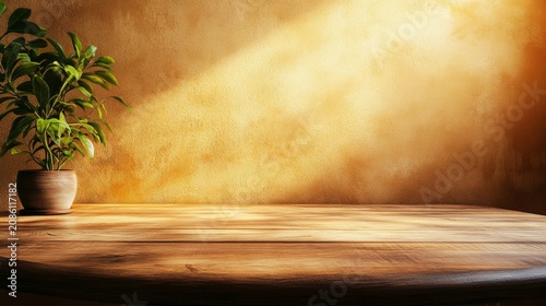 Sunlit wooden table with potted plant against textured wall