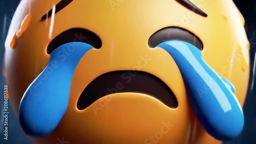Sad yellow emoji face with blue tear drops under heavy rain on a dark, gloomy background. Suitable for moodrelated designs.
