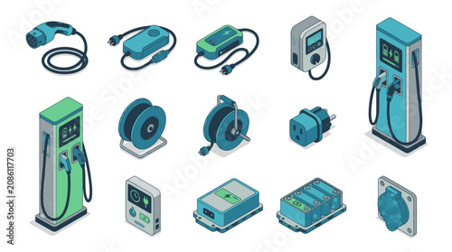 Collection of modern electric vehicle charging station components and devices.