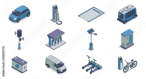 Collection of colorful isometric icons depicting various modes of transportation and urban elements.