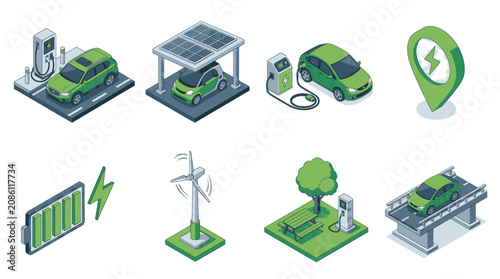 Collection of green eco-friendly technology and renewable energy icons.