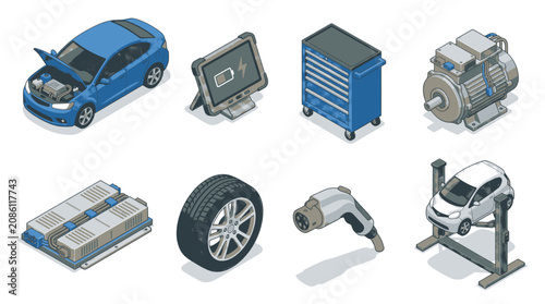 Collection of automotive and industrial components and tools in isometric view.
