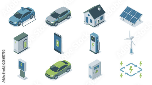 Collection of futuristic transportation and energy technology icons in blue and green.