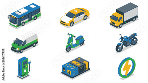 Collection of colorful isometric vehicles and transportation icons set.