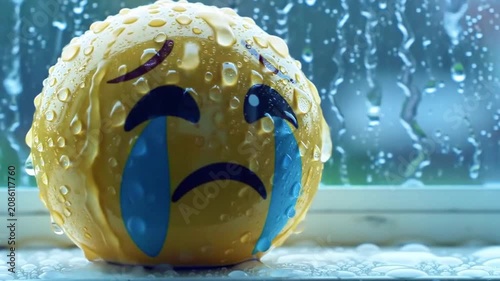 Yellow crying emoji face in rainy window glass drops. Suitable for expressing sad mood in weatherrelated design projects. Emotional illustration.