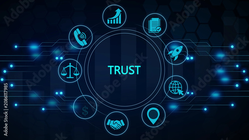 Obraz na plátně Blue and green trust concept with interconnected and glowing network lines inter