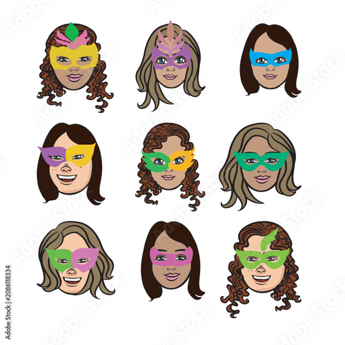 Faces of young women wearing carnival masks. Transparent background.
