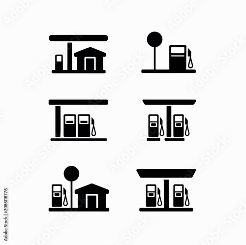 Gas station and fuel pump black white glyph icons set for petrol service locations energy distribution transportation navigation and fueling infrastructure vector collection.