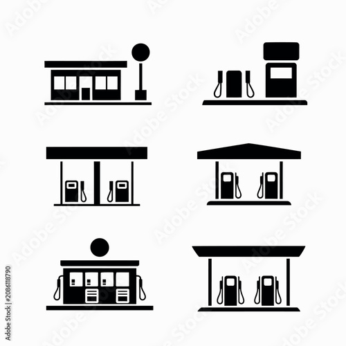 Gas station glyph icons in black and white featuring fuel pumps petrol dispenser symbols refueling service signage transportation infrastructure and navigation design elements.