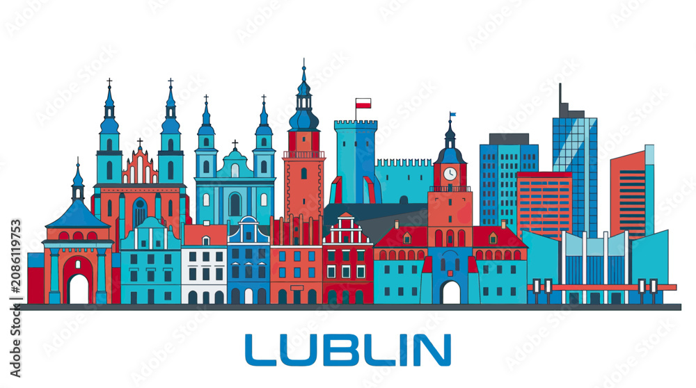 Obraz premium Lublin Skyline Illustration: Historic and Modern Architecture
