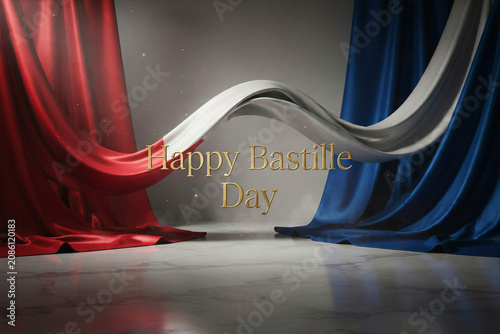 French flag colors, Bastille Day celebration, red white blue drapes, festive background