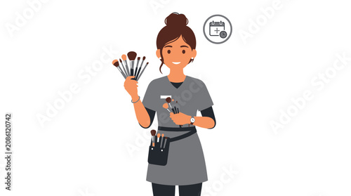 Makeup Artist Holding Brushes with Calendar Icon, Professional Beauty Service Appointment