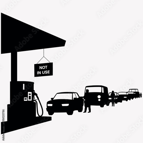 Gas station line of cars and trucks black white vector illustration showing vehicle queue for fuel supply transportation logistics and petroleum service operations.