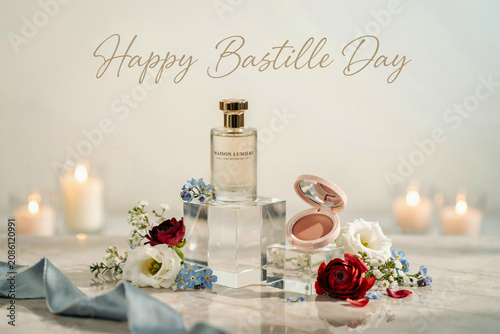 Luxury perfume bottles, flowers, and candles, Bastille Day celebration, elegant French decor