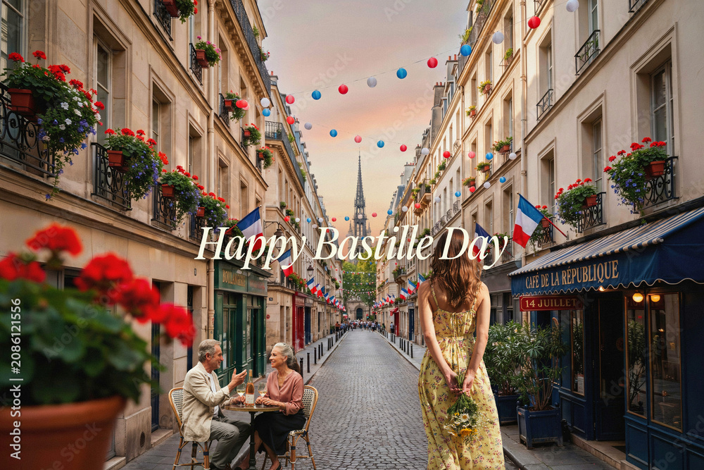 Naklejka premium Bastille Day, Paris street, French celebration, festive atmosphere, European travel