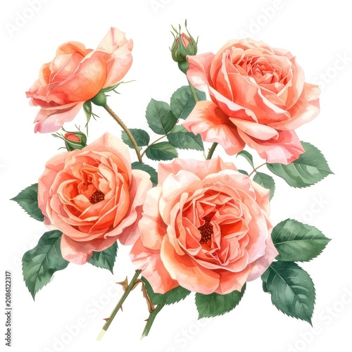 A delicate watercolor painting of a bouquet of peach-colored roses with green leaves and buds.