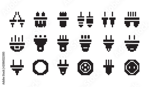 Photos Graphic collection of various electrical plugs and socket connectors in pixel art style
