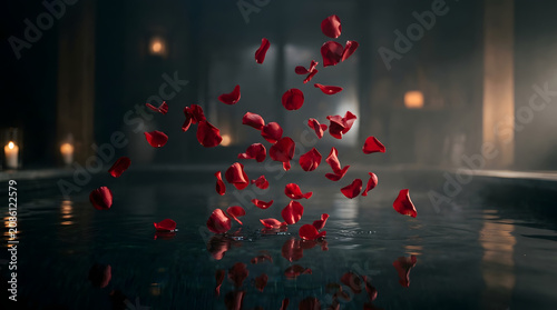 Close-up of Red Rose Petals Floating in Air with Reflection