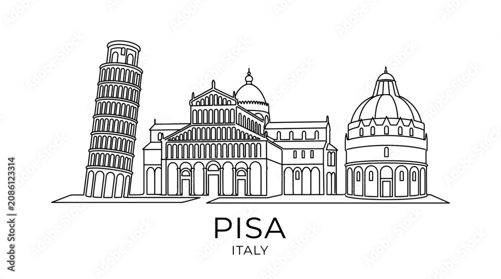 Obraz premium Pisa Italy Skyline: Leaning Tower, Cathedral, Baptistery - Simple Line Art