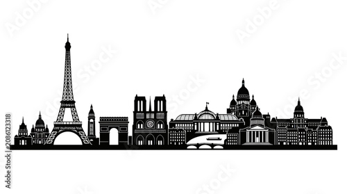 Cuadro en lienzo Paris Skyline Silhouette: Eiffel Tower, Arc de Triomphe, Notre Dame, Sacré-Cœur