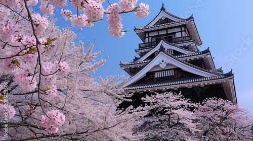 Historic Japanese Castle Framed by Blooming Cherry Blossoms Under a Clear Blue Sky