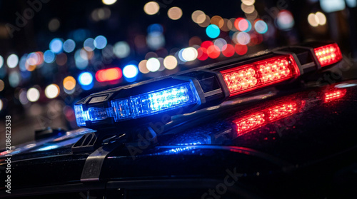Close-up, low-angle shot of a police car's red and blue flashing lights against a dark, blurred city street background.
