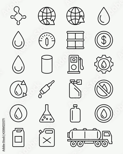 Energy and fuel glyph icons set with oil gas refinery petrochemical pipeline fuel pump and no fuel warning symbols for industrial safety and infrastructure.