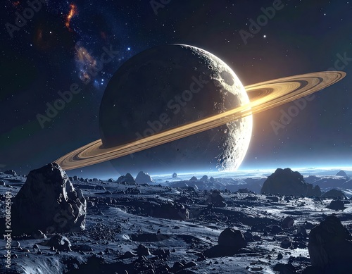 A rocky alien moon orbits a ringed gas giant in the vast expanse of space, illuminated by distant stars and nebulae.