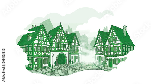 Fotografia Charming historic village street with half-timbered houses and cobblestone road