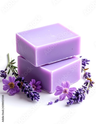 Two bars of lavender soap with fresh lavender sprigs and flowers on a white background.