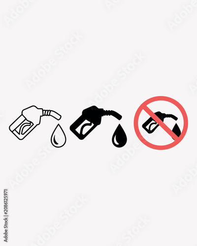 Fuel nozzle icons collection with outline filled and no fuel designs for gas pump petroleum refueling service station navigation and warning symbol projects.