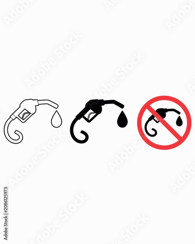 Fuel nozzle icon set in outline solid and no fuel styles featuring gas pump symbols for petroleum stations transportation safety signage and industrial applications.