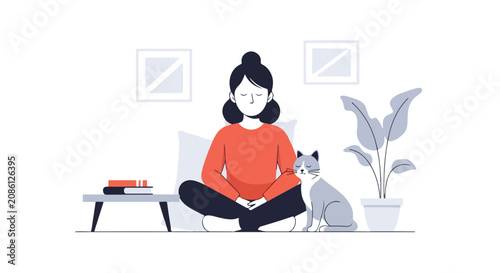 Obraz na plátně A woman sits cross-legged in a meditative pose on the floor of a minimalist room, accompanied by her peaceful cat and a potted plant