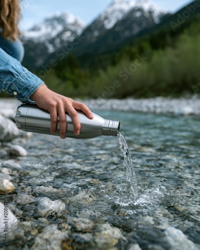 Enjoying nature while refilling a reusable water bottle at a pristine mountain stream surrounded by lush greenery and towering peaks. World Water Week