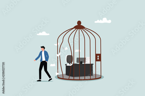 Breaking free, leaving behind a draining routine job to start a new business, stepping toward freedom—an entrepreneur casting off the shackles of a stifling office desk.