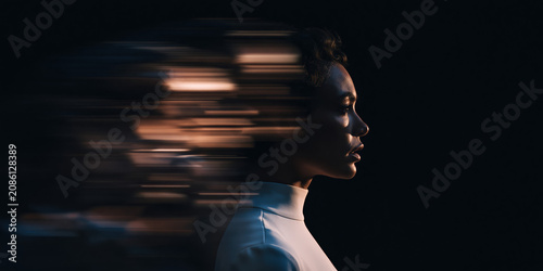 AI transformation with female profile in motion and streaking digital light