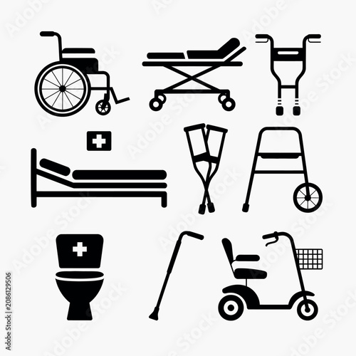 Medical equipment glyph icon set including wheelchair stretcher crutches walker medical bed toilet cane and mobility scooter symbols for hospitals clinics and patient care.