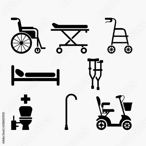 Medical equipment icons black glyph collection featuring wheelchair stretcher crutches walker hospital bed toilet cane and mobility scooter for healthcare accessibility and rehabilitation.