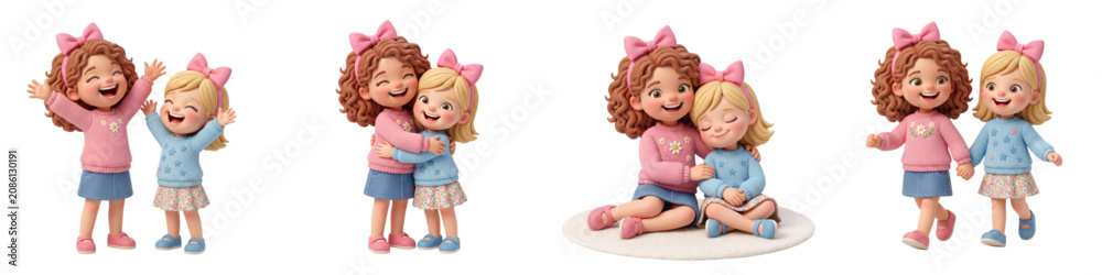 Fototapeta premium Cute 3D Cartoon Sister Characters Laughing