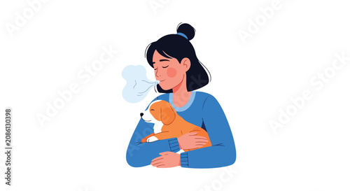 Tablou pe pânză A peaceful young woman hugs her small dog while exhaling a sigh of contentment, symbolizing the calming bond between humans and their pets