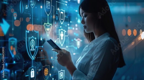 Professional woman interacts with a glowing holographic cybersecurity interface while holding a sleek smartphone, showcasing advanced digital encryption metrics and network protection protocols in a.