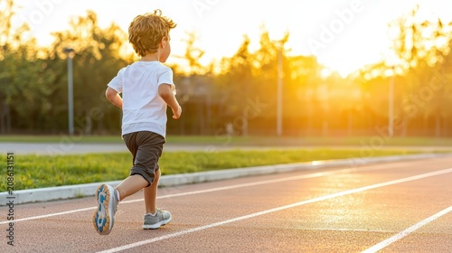 Young boy running on outdoor track during sunset