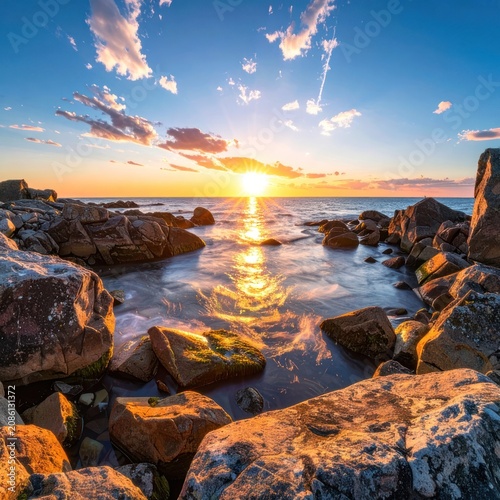 Golden sunset over a rocky coastline with calm waves and scattered clouds.