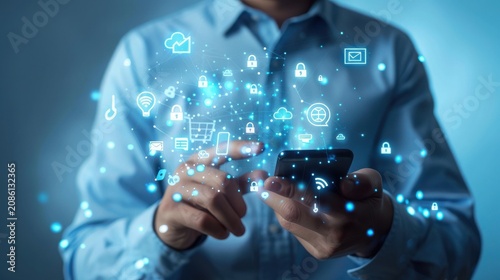 Businessman interacts with glowing holographic security icons floating above a smartphone screen, illustrating advanced digital data protection and cybersecurity protocols in a modern professional.