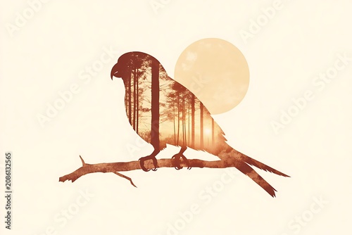 Bird silhouette with forest and sun