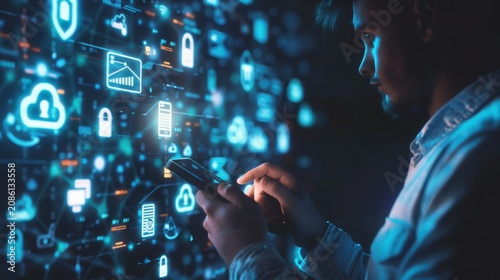 Businessman interacting with a glowing holographic digital interface while holding a smartphone to manage complex cybersecurity protocols and data protection systems in a darkened professional.
