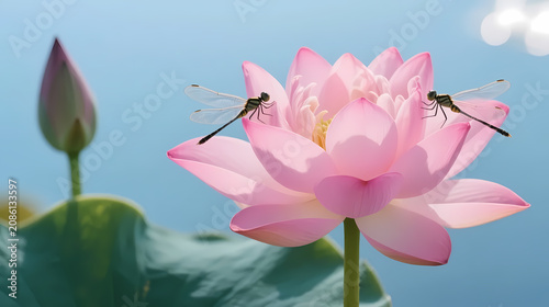 Pink lotus with two dragonflies