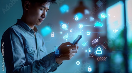 Software engineer in a blue shirt examines a complex digital data stream projected from his smartphone screen amidst a dark room with soft focus backgrounds and glowing cyan holographic symbols.